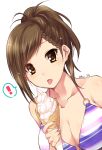  ! 1girl bikini bikini_top braid breasts brown_eyes brown_hair character_request cleavage collarbone food highres ice_cream ice_cream_cone idolmaster idolmaster_cinderella_girls o-ring_bikini o-ring_top paopao ponytail purple_bikini spoken_exclamation_mark striped striped_bikini striped_swimsuit swimsuit tagme tongue tongue_out white_background 