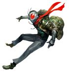  1boy antennae camouflage helmet highres jacket jumping kamen_rider kamen_rider_black kamen_rider_black_(series) kekai_kotaki male red_scarf scarf solo 