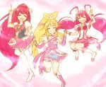  3girls aida_mana aino_megumi arakawa_tarou asymmetrical_clothes bike_shorts blonde_hair blush boots choker closed_eyes color_connection crossover cure_happy cure_heart cure_lovely curly_hair detached_sleeves dokidoki!_precure dress earrings eyelashes hair_flip hair_ornament half_updo happinesscharge_precure! happy heart heart_hair_ornament high_heel_boots high_heels hoshizora_miyuki jewelry knee_boots kneehighs long_hair looking_at_viewer magical_girl multiple_girls open_mouth pink_dress pink_hair pink_legwear pink_skirt ponytail precure puffy_sleeves ribbon shirt shorts shorts_under_skirt skirt smile smile_precure! thigh-highs thigh_boots trait_connection twintails vest white_legwear wrist_cuffs 