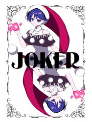  1girl absurdres bare_shoulders black_capelet blob blue_eyes blue_hair border capelet card closed_mouth collared_dress commentary doremy_sweet dream_soul dress english_text hand_up hat highres joker_(playing_card) light_smile looking_at_viewer nightcap off-shoulder_capelet ornate_border playing_card pom_pom_(clothes) red_hat rotational_symmetry sleeveless sleeveless_dress solo touhou turtleneck turtleneck_dress user_wncy2874 white_background white_dress 