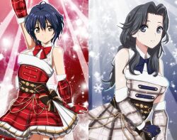  22/7 2girls ahoge arm_up black_hair blue_bow blue_bowtie blue_gloves bow bowtie brown_eyes closed_mouth collared_dress cowboy_shot curtained_hair detached_sleeves dress garter_straps gentoku gloves grey_eyes grey_hair hair_between_eyes highres light_rays long_hair multiple_girls orihara_sumika outstretched_arms parted_bangs parted_lips plaid_clothes plaid_dress red_bow red_bowtie red_dress red_gloves short_hair sleeveless sleeveless_dress smile snowing sparkle standing sunbeam sunlight takigawa_miu wavy_hair 
