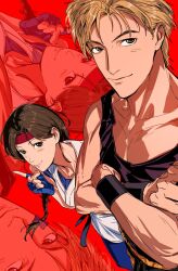  1boy 1girl amikoiiko belt biceps black_belt black_shirt black_wrist_cuffs blonde_hair blue_gloves blue_pants blue_shirt bow braid braided_ponytail breasts brother_and_sister brown_eyes brown_hair collarbone commentary_request crossed_arms deltoids dougi feet_out_of_frame fingerless_gloves fingernails gloves hair_bow headband highres index_finger_raised leaning_forward light_smile lips long_hair looking_at_viewer looking_up martial_arts_belt mismatched_eyebrows muscular muscular_male pants pectorals ponytail red_background red_bow red_headband ryou_sakazaki shirt short_hair siblings single_braid sleeveless sleeveless_shirt spandex sternocleidomastoid_muscle the_king_of_fighters the_king_of_fighters:_kyo upper_body wrist_cuffs wristband yellow_pants yuri_sakazaki zoom_layer 