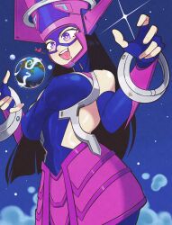 absurdres bare_shoulders black_hair earth_(planet) galacta giant giantess gloves heart helmet highres jeff_miga long_hair marvel marvel_rivals multicolored_helmet planet purple_gloves purple_helmet space tongue tongue_out violet_eyes 