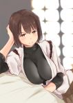  1girl blush breasts brown_eyes brown_hair hyuuga_(kantai_collection) kantai_collection large_breasts looking_at_viewer short_hair smile solo wa_(genryusui) 