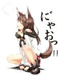  1girl animal_ears bare_shoulders brooch brown_hair chestnut_mouth closed_eyes collarbone full_moon gorilla_(bun0615) highres howling_at_the_moon imaizumi_kagerou jewelry long_sleeves moon off_shoulder open_mouth shirt skirt solo squatting tail touhou wide_sleeves wolf_ears wolf_tail 