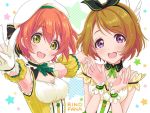  2girls bare_shoulders beret brown_hair character_name hair_ribbon hairband hat hoshizora_rin koizumi_hanayo love_live!_school_idol_project multiple_girls open_mouth orange_hair pinstripe_pattern ribbon short_hair smile vertical_stripes violet_eyes wrist_cuffs yellow_eyes yuuki_(yukinko-02727) 