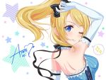  1girl ayase_eli bare_back bare_shoulders blonde_hair blue_eyes bow character_name elbow_gloves gloves hair_bow long_hair looking_back love_live!_school_idol_project one_eye_closed pinstripe_pattern ponytail ribbon solo speech_bubble star vertical_stripes yuuki_(yukinko-02727) 