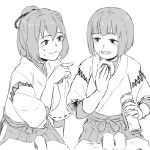  2girls bangs eating food food_on_face greyscale hyuuga_(kantai_collection) ise_(kantai_collection) japanese_clothes kantai_collection monochrome multiple_girls nathaniel_pennel onigiri open_mouth ponytail rice_on_face short_hair simple_background white_background 
