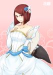  1girl bare_shoulders breasts bride detached_sleeves fire_emblem fire_emblem:_kakusei flower glasses hair_flower hair_ornament hand_on_own_chest hat holding holding_hat miriel_(fire_emblem) no_hat red_eyes redhead short_hair shougayaki_(kabayaki_3) solo witch_hat 