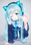  1girl alc_(ex2_lv) all_fours animal_ears aqua_eyes aqua_hair axent_wear blush cat_ear_headphones cat_ears detached_sleeves fake_animal_ears fang hatsune_miku headphones highres long_hair nail_polish necktie open_mouth pantyhose paw_pose skirt solo twintails vocaloid wink 