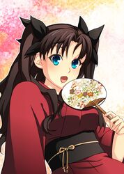  1girl black_hair blue_eyes brown_hair dairii fan fate/stay_night fate_(series) hair_ribbon highres japanese_clothes kimono long_hair paper_fan ribbon solo tohsaka_rin toosaka_rin two_side_up uchiwa 