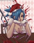  +_+ 1girl blood blood_splatter blue_hair breasts chin_rest cleavage clockwork-cadaver eyepatch gloves hacksaw hair_over_one_eye hat highres large_breasts looking_at_viewer nurse ponytail red_eyes santa_hat scalpel sitting skullgirls smile solo syringe thermometer valentine_(skullgirls) white_gloves 