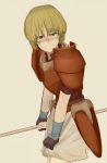  1girl amelia armor blonde_hair blush embarrassed fingerless_gloves fire_emblem fire_emblem:_seima_no_kouseki gloves green_eyes nonji_(sayglo_halo) pauldrons polearm short_hair skirt skirt_hold solo spear weapon 