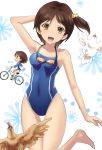  05_(passelclow) 1girl bird brown_eyes brown_hair chicken competition_school_swimsuit fukami_hina glasslip goggles goggles_around_neck highleg highleg_swimsuit no_pants school_swimsuit short_hair side_ponytail swimsuit 