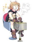  &gt;:d 1girl :d ahoge ankle_boots asphalt_cutter asphalt_cutter_(ole_tower) bare_shoulders boots brown_boots brown_gloves cape chair dress glasses gloves muhirora ole_tower open_mouth orange_hair short_hair simple_background sitting smile smoke solo steam translation_request 