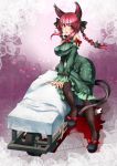  1girl animal_ears arm_strap bare_shoulders black_legwear bow braid breasts cat_ears cat_tail detached_sleeves dress floral_print green_dress hair_bow kaenbyou_rin large_breasts long_sleeves looking_at_viewer multiple_tails open_mouth pantyhose red_eyes redhead smile solo tail touhou twin_braids umigarasu_(kitsune1963) wheelbarrow 