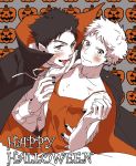  2boys abe_takaya arm_around_waist black_hair black_nails blush bow bowtie cape crossdressinging da_kata dress earrings fangs halloween halloween_costume happy_halloween jack-o&#039;-lantern jewelry licking looking_at_viewer male mihashi_ren multiple_boys nail_polish necklace ookiku_furikabutte pointy_ears pumpkin teardrop vampire vampire_costume wrist_grab yaoi 