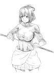  1girl breasts collarbone cowboy_shot ise_(kantai_collection) kantai_collection monochrome nathaniel_pennel ponytail sheath short_hair simple_background skirt solo sword tagme unsheathing weapon white_background 