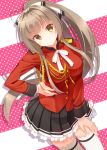  1girl aiguillette amagi_brilliant_park antenna_hair blush bow breasts brown_eyes brown_hair hair_bow hand_on_hip hyuuga_azuri leaning_forward long_hair ponytail sento_isuzu solo thigh-highs uniform white_legwear yellow_eyes zettai_ryouiki 