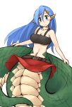  1girl asymmetrical_hair blue_eyes blue_hair breasts cleavage collarbone hair_ornament hairclip kaginoni lamia long_hair looking_at_viewer monster_girl navel pointy_ears red_skirt scales simple_background skirt smile solo tubetop white_background 