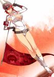  1girl armband artist_request belt black_gloves breasts cleavage crossed_legs demon_girl demon_horns dutch_angle flag gloves hat horns large_breasts leotard long_hair long_legs nitroplus no_bra official_art peaked_cap pointy_ears polearm red_eyes redhead satan_(the_seven_deadly_sins) solo spear standing the_seven_deadly_sins weapon 