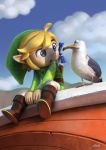  1boy ahoge bird blonde_hair blue_eyes boots cassio_yoshiyaki clouds cloudy_sky highres link looking_at_another master_sword over_shoulder pointy_ears seagull shield short_hair signature sitting sky sword sword_over_shoulder the_legend_of_zelda toon_link weapon weapon_over_shoulder wind_waker 