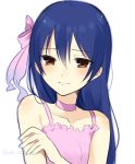  1girl blue_hair bow chisumi collarbone embarrassed hair_bow love_live!_school_idol_project solo sonoda_umi tagme twitter_username 