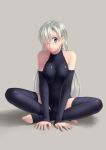  1girl arm_support barefoot black_gloves black_legwear bodysuit breasts earrings elizabeth_liones fingerless_gloves gloves happy jewelry kai_(link2262) long_hair looking_at_viewer nanatsu_no_taizai navel shadow silver_hair simple_background sitting smile solo tail thigh-highs thighs 