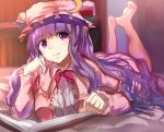  1girl barefoot book bookshelf breasts capelet coat crescent_hair_ornament dress hair_ornament hizagawa_rau large_breasts legs_up long_hair long_sleeves lying mob_cap on_stomach open_book open_clothes open_coat patchouli_knowledge purple_hair smile solo striped striped_dress touhou very_long_hair violet_eyes 