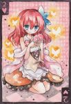  1girl bare_shoulders blue_eyes butterfly card frilled_skirt frills moyo no_game_no_life playing_card redhead sitting skirt stephanie_dora 