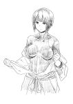  1girl bangs breasts collarbone cowboy_shot hyuuga_(kantai_collection) kantai_collection monochrome nathaniel_pennel short_hair simple_background skirt solo tagme undressing white_background 