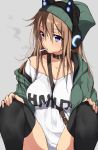  axent_wear between_breasts brown_hair character_request choker cigarette hoodie impossible_clothes impossible_shirt matarou_(genkai_toppa) smoking thigh-highs 