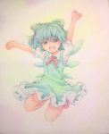  1girl arms_up blue_eyes blue_hair bow cirno clenched_hands dress hair_bow happy highres ice ice_wings jumping looking_at_viewer neck_ribbon open_mouth pink_background puffy_short_sleeves puffy_sleeves ribbon short_hair short_sleeves solo touhou traditional_media watercolor_(medium) wings yuyu_(00365676) 