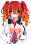  1girl between_breasts blue_eyes blush breasts chankodining_waka cleavage headphones headphones_around_neck highres large_breasts looking_away necktie necktie_between_breasts open_clothes open_shirt original plaid plaid_necktie redhead shirt simple_background solo sweat twintails white_background white_shirt 