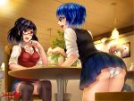  2girls aiko_yumi ass bespectacled black_hair blue_eyes blue_hair breasts drink game_cg glasses highres hunie_pop kaskia long_hair multiple_girls nikki_ann-marie official_art open_mouth panties pantyshot pantyshot_(sitting) pencil pleated_skirt ponytail red-framed_glasses semi-rimless_glasses short_twintails sitting skirt studying sweater_vest table thigh-highs twintails under-rim_glasses underwear white_panties 