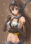  1girl bare_shoulders brown_background brown_hair eating elbow_gloves fingerless_gloves food gloves headgear highres ice_cream kantai_collection long_hair looking_at_viewer midriff nagato_(kantai_collection) okitsugu red_eyes solo sparkle spoon_in_mouth sweat 
