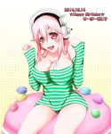  1girl blush breasts cleavage headphones ion_(artist) large_breasts long_hair looking_at_viewer macaron nitroplus off_shoulder open_mouth panties pink_hair red_eyes smile solo super_sonico underwear 