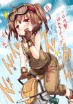  1girl bare_shoulders blush brown_hair gloves goggles goggles_on_head inyucchi motion_lines ole_tower open_mouth overalls rammer_(ole_tower) short_hair solo straddling twintails 