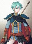  1boy armor blue_eyes bracelet cape ephraim fire_emblem fire_emblem:_seima_no_kouseki gloves green_hair hazuki_(nyorosuke) jewelry pauldrons polearm solo spear weapon 