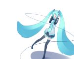  absurdly_long_hair blue_hair closed_eyes dancing detached_sleeves full_body hands_on_headphones hatsune_miku headphones kaginoni long_hair necktie shadow simple_background skirt smile tattoo thigh-highs twintails very_long_hair vocaloid white_background 