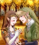  1boy 1girl blonde_hair blue_eyes brown_hair earrings elbow_gloves fingerless_gloves gloves hair_ornament hair_tubes hat jewelry leaf link nature open_mouth pointy_ears princess_zelda shoulder_pads the_legend_of_zelda tree tunic twilight_princess 