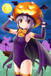  1girl akahige brown_eyes elbow_gloves gloves halloween hat highres jack-o&#039;-lantern nagato_yuki purple_hair short_hair solo suzumiya_haruhi_no_yuuutsu tail thigh-highs wings 