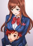  1boy 1girl blue_eyes blush breasts brother_and_sister brown_hair gundam gundam_build_fighters gundam_build_fighters_try hug kamiki_mirai kamiki_sekai large_breasts long_hair matsuryuu open_mouth redhead school_uniform siblings smile 