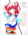  1girl arm_up breasts hair_bobbles hair_ornament highres large_breasts looking_at_viewer mattari_yufi onozuka_komachi red_eyes redhead short_hair smile solo touhou traditional_media two_side_up 