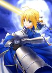  1girl ahoge armor armored_dress blonde_hair dress fate/stay_night fate_(series) gauntlets green_eyes heirou moon saber solo sword weapon 