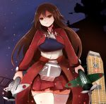  1girl airplane akagi_(kantai_collection) arano_oki archer archer_(cosplay) brown_eyes brown_hair cosplay dual_wielding fate/stay_night fate_(series) flight_deck kantai_collection long_hair night serious solo star thigh-highs 
