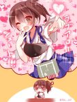  1girl brown_hair chopsticks food hair_between_eyes heart imagining japanese_clothes kaga_(kantai_collection) kantai_collection long_hair mog_(artist) muneate rice rice_bowl side_ponytail skirt solo thought_bubble translation_request twitter_username 