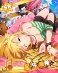  1girl artist_request black_legwear blonde_hair character_name green_eyes hoshii_miki idolmaster idolmaster_million_live! jewelry long_hair musical_note necklace official_art one_eye_closed signature stuffed_animal stuffed_toy thigh-highs 