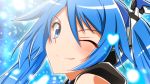 1girl blue blue_background blue_eyes blue_hair bodysuit hair_ornament happy henshin long_hair looking_at_viewer mecha_musume one_eye_closed ore_twintail_ni_narimasu smile solo tail_blue transformation tsube_aika twintails yuto_(dialique) 