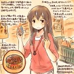  1girl akagi_(kantai_collection) alternate_costume brown_eyes brown_hair can casual groceries jewelry kantai_collection kirisawa_juuzou long_hair necklace shopping shopping_cart solo sweatdrop translation_request 